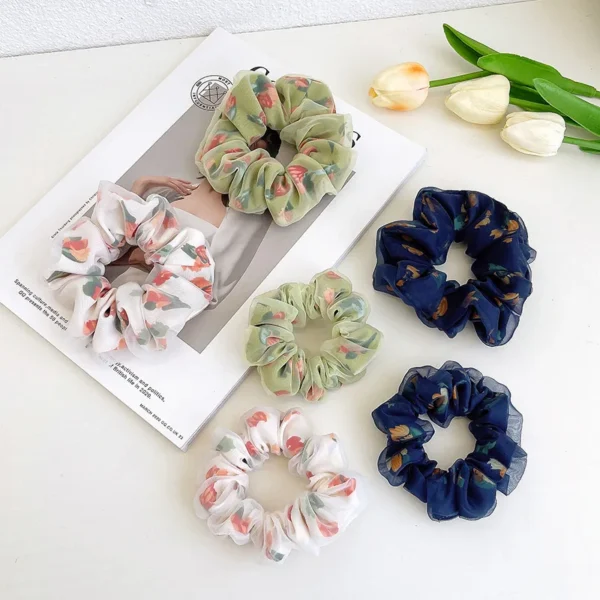 Dowell  Fabric Elastic Band Scrunchies Custom Flower Printed  Hair Ties Polyester Scrunchies for Women